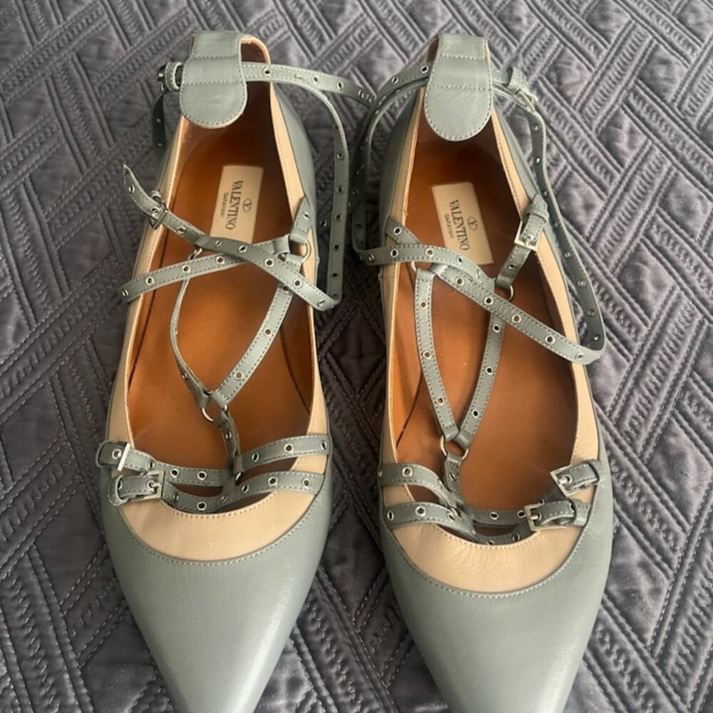 Valentino Leather Love Latch Cage Ankle Strap Ballet Flats